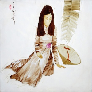 Luong Dung , vietnam artist , vietnam painting , vietnam art , white , schoolgirl , lotus