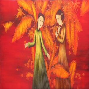 Pham Hoang Anh , vietnam artist , vietnam painting , vietnam art , ladies , spring garden